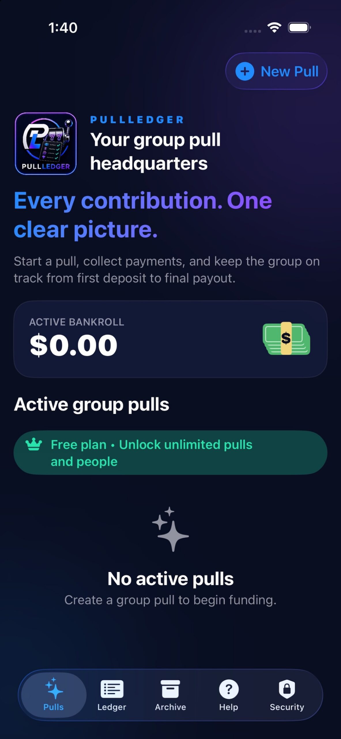 PullLedger organizer home dashboard showing group pulls
