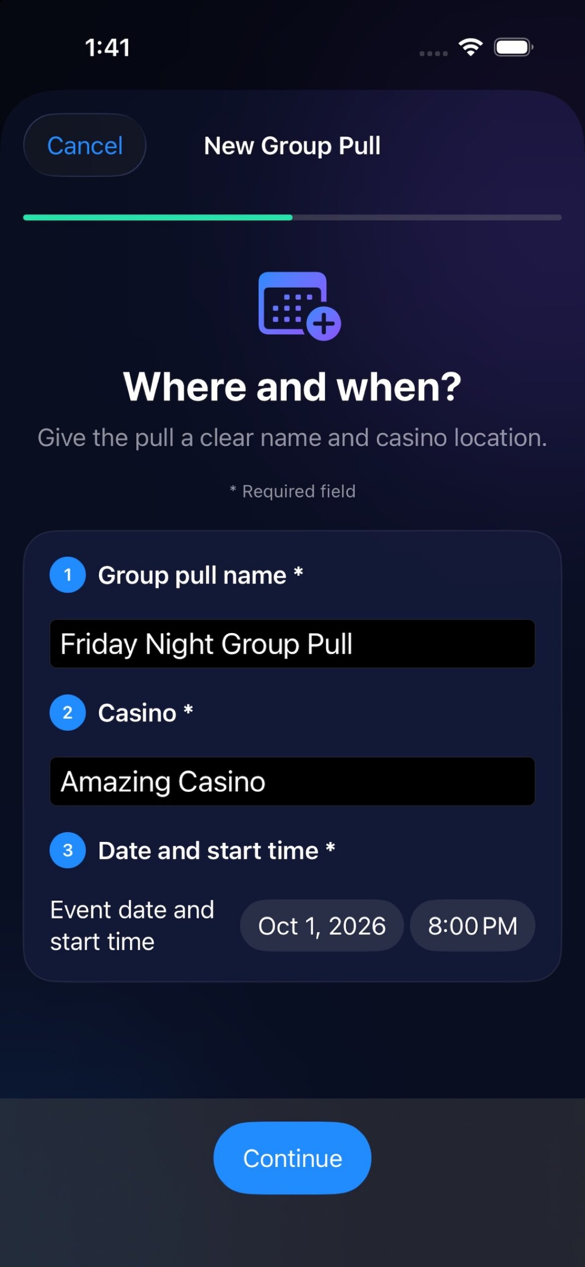 PullLedger screen for creating a group pull