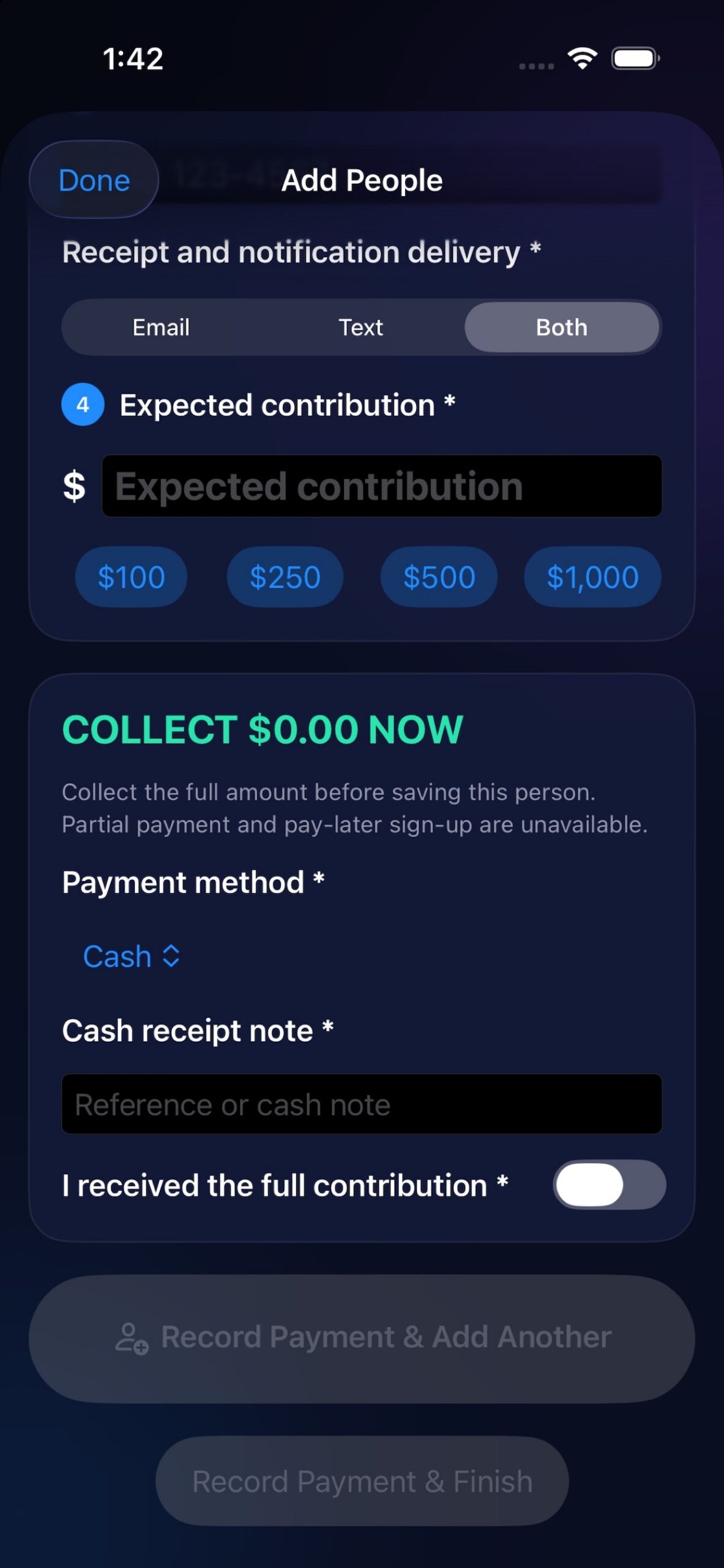 PullLedger screen for recording a contribution
