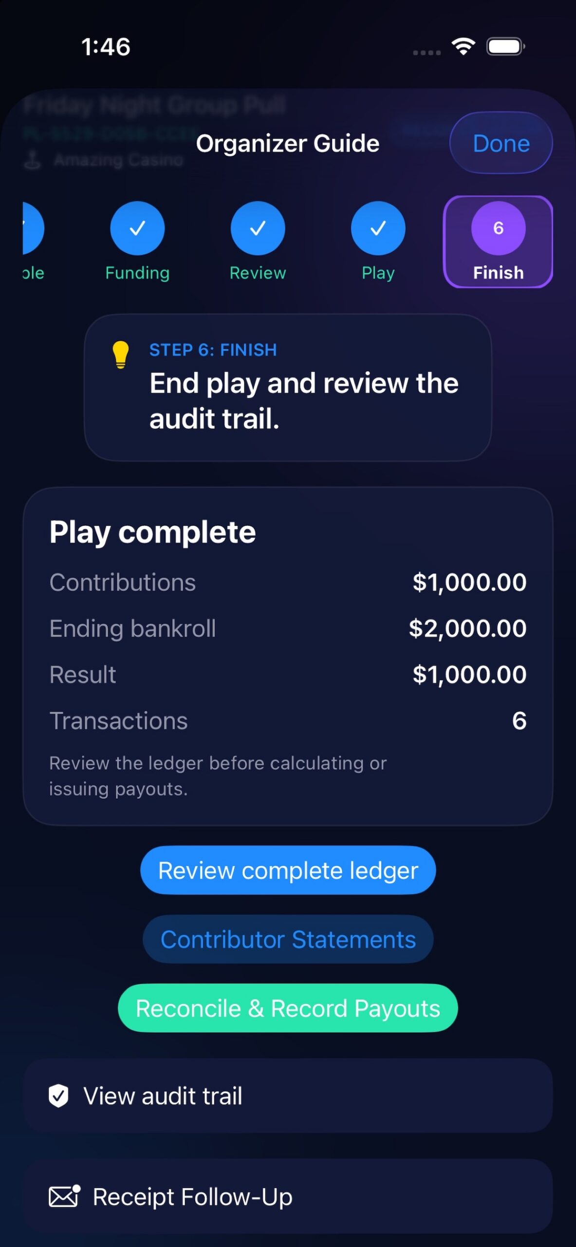 PullLedger payout reconciliation screen